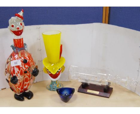 Murano-style mottled glass decanter modelled as a clown, similar Murano-style vase modelled as a clown, small blue glass bowl