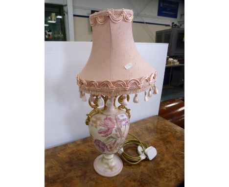 Floral pottery table lamp and shade. 