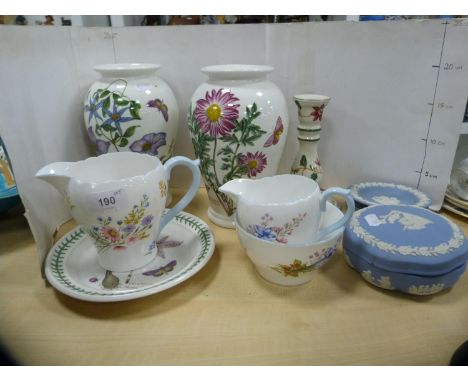 Pair of Portmeirion 'Botanic Garden' vases, similar plate, Wedgwood blue Jasper ware items, Shelley 'Wild Flowers' cream and 