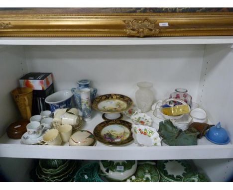 Noritake fruit comport and a matching plate, Crown Ducal part coffee set, ornaments, vases etc (one shelf). 