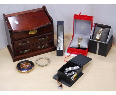 Collection of fashion watches to include boxed Esprit watch, boxed Guess watch, Bench metal ID bracelet, jewellery box contai