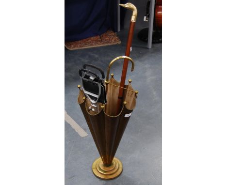 Brass stick stand modelled as a parasol containing a walking stick with swan pommel and a shooting stick. 