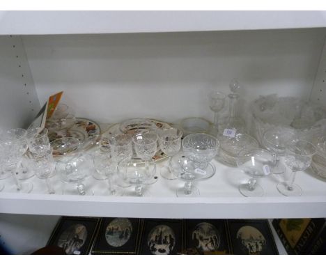 Glassware to include finger bowls, decanters, assorted glasses, crystal bowl, Royal Worcester ramekin, pair of Mason's plates