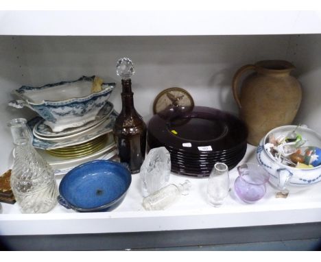 Large amethyst-coloured glass plates, Victorian-style dinnerwares, coloured glass bowls, liqueur decanter and stopper, stonew