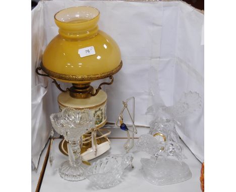 Royal Crystal Rock mantel clock with eagle surmount, a similar ornament modelled as a lion, Fischer glass lustre, sauce boat 