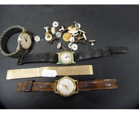 Bag of watches and cufflinks to include a Timex wristwatch, mother of pearl-style cufflinks etc. 