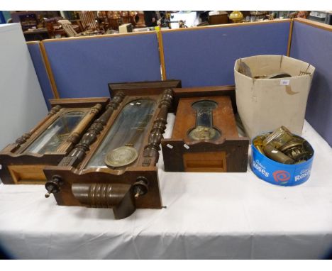 Box containing Victorian and later clock parts, dials, weights, movements, pendulum parts etc., and three wall clock cases. 