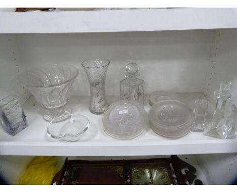 Glassware to include star-cut ice plates, decanter and stopper, large spreading vase with star-cut base etc (one shelf). 