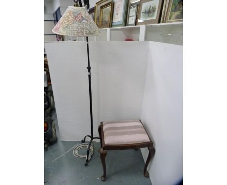 Painted metal adjustable floor lamp with shade and a mahogany dressing stool frame. 