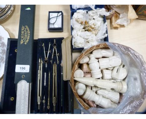 J Hemis patent slide rule, ssorted drawing instruments, alabaster and other chess pieces etc. 