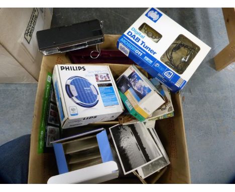 Carton containing Magicflash telephoto camera, panoramic camera, CD player, DAB tuner, accessories etc. 