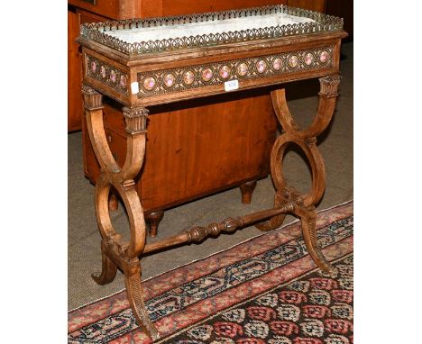 A 20th century walnut framed planter with pierced metal gallery and Limoges style porcelain plaque, raised on openwork suppor