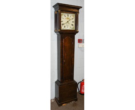 A George III oak cased thirty hour longcase clock, with square painted dial incorporating date chapter, signed Hollingshead, 