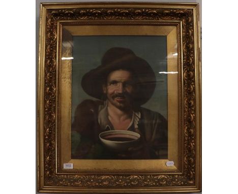 Early 20th century, Continental school, Spanish(?), portrait of a man drinking broth from a bowl, oil on canvas board, 50cm b