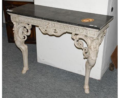 A 19th century grey painted console table with marble top, the frieze with key fret border, decorated with scrollwork and Ant