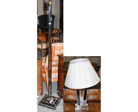 An Art Deco chrome standard lamp, raised on an ebonised stepped plinth, 153cm to fitting, together with an Art Deco style gla