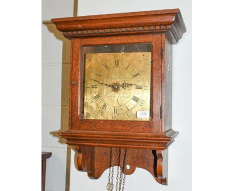 An oak thirty hour alarm wall clock, the square brass dial signed Mary Quarman, Temple Cloud, 18th century, later case
