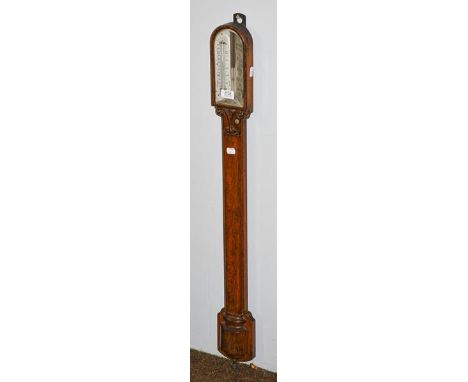 A 19th century oak stick barometer, Lennie, Edinburgh, silvered arched dial, carved foliate scroll detail