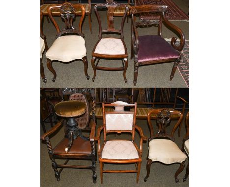 Assorted chairs to include a Regency mahogany carver chair, three Victorian salon chairs, a bedroom chair, an oak barley twis