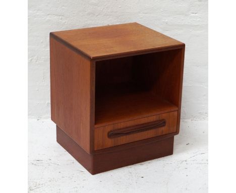 G PLAN TEAK BEDSIDE CUPBOARDwith a square top above an open shelf with a drawer below, standing on a plinth base, 45.5cm wide