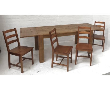 LIGHT OAK DINING TABLEwith a four plank top and extendable drawleaf style ends, standing on plain supports, 241cm long, toget