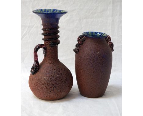 TWO STUDIO GLASS VASESboth with blue and yellow interior and red/brown matt textured finish to the exterior, one with amethys