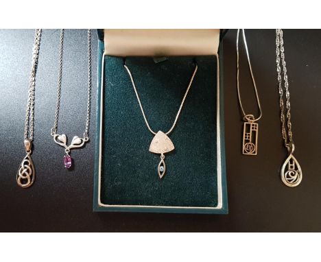 FIVE SILVER PENDANTS ON SILVER CHAINSincluding a boxed Oal Gorie Drift Collection pendant with blue gem set drop; an Art Nouv