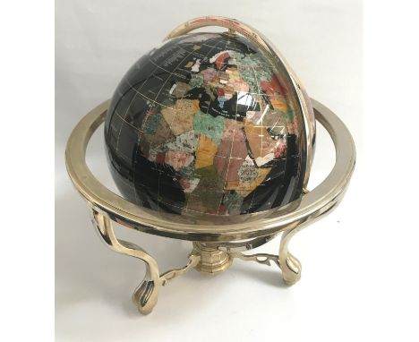 SEMI PRECIOUS STONE GLOBEwith rotating action on a chrome stand, inset with lapus lazuli, mother of pearl, amethyst, jade, ti