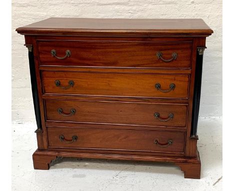 TEAK CHEST OF DRAWERSwith a moulded top above four long drawers flanked by columns, standing on bracket feet, 100cm wide 