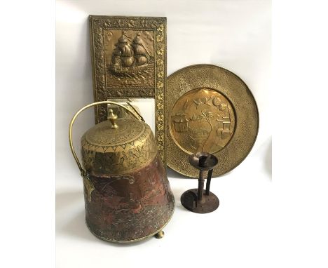 SELECTION OF BRASS ITEMScomprising of wall mirror with embossed galleon decoration, a circular wall plaque with embossed pago