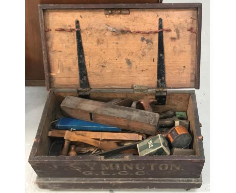 VINTAGE STAINED PINE TOOL CHESTwith a moulded lift up lid revealing a selection of vintage tools, including planes, chisels, 
