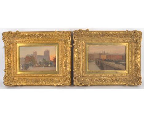 George Hyde Pownall (British 1876-1932), Westminster Bridge; Westminster Abbey and St Catherine's Square, a pair, oil on boar