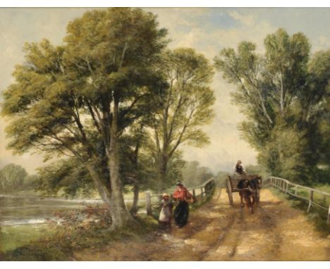 Edward John Cobbett (British 1815-1899), Crossing the Bridge, oil on board, signed lower right, further signed and inscribed 