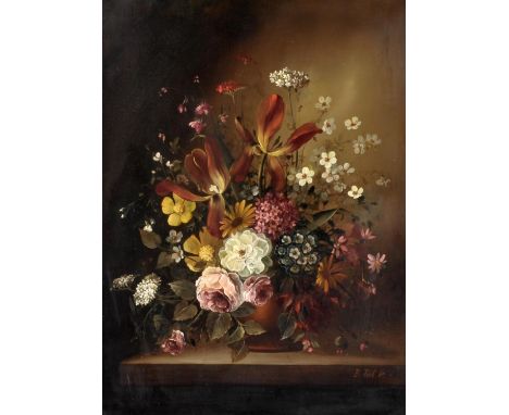 Pal Margit Ballonyi (Hungarian b.1939), Still life flowers in a vase, oil on board, signed lower right, 40 x 30cm. FramedCond