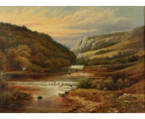 W. Atkins (19th/20th century), Anglers near a weir in a rocky river landscape, oil on canvas, signed lower right, 46 x 61cm. 