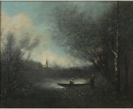 Manner of Jean Baptiste Camille Corot, Couple with boat in river landscape, a church beyond, oil on canvas, bears a signature