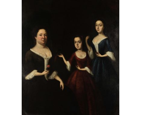 Circle of Michael Dahl, A group portrait of a mother with her two daughters, one holding an exotic bird, oil on canvas, 92 x 