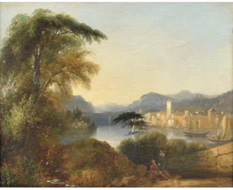 English School (19th century), Figures on the banks of a lake an Italianate town beyond, oil on canvas, 35.5 x 44.5cm. Framed