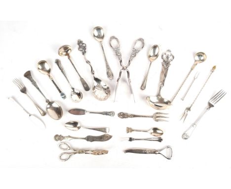 A quantity of mainly Norwegian silver spoons and flatware, mostly stamped '830S' including ; a Danish silver sauce ladle with