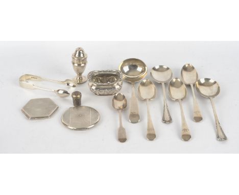 Small silver items to include two compacts, Victorian sugar tongs, Scottish silver ladle, various spoons, total weight 14oz 4