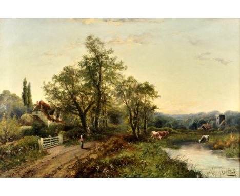 Octavius Thomas Clark (British 1850-1921), A figure on a riverside lane with cattle watering, oil on canvas, signed lower rig