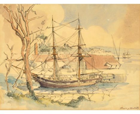 Percy Dalton (1906-1982), The Falmouth Packet Brig 'Crane'; Ship in full sail; Packet Brig in Wet Dock at Little Falmouth Yar