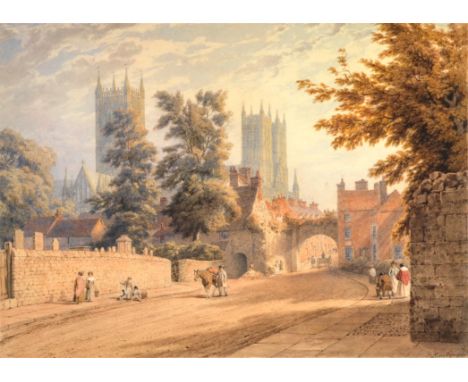 Frederick Mackenzie (British 1787-1854), The Roman Gate, Lincoln, watercolour, signed lower right, 26 x 36cm. Framed and glaz