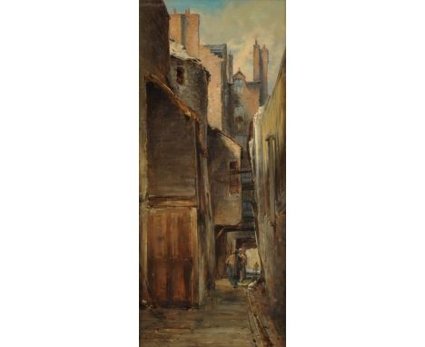 Pollok Sinclair Nisbet (1848-1922), Plainstanes Close, oil on board, signed and dated 1888 lower left, 44 x 19cm. FramedCondi