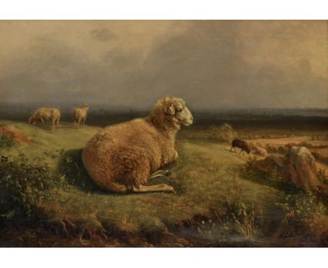 Paul Gelibert (French 1802-1882), Sheep in a landscape, oil on canvas, signed and dated 1865 lower right, 43 x 60cm. FramedCo