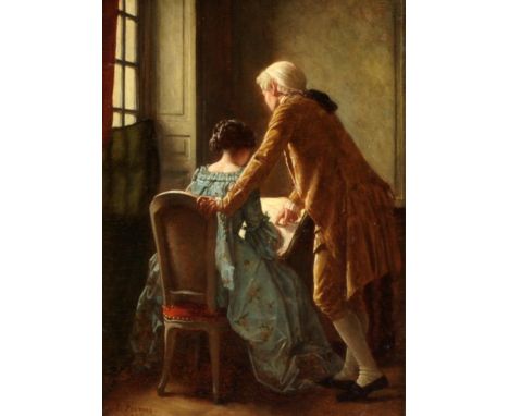 Charles François Pecrus (French 1826-1907), The Tutor, oil on panel, signed and dated 1856 lower left, 14.5 x 10.5cm. FramedC
