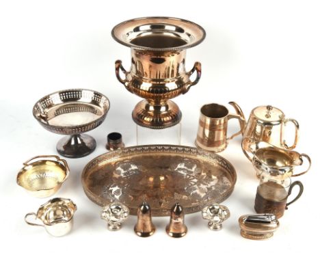 Silver plated items to include wine cooler, oval gallery tray, pair of three light candelabra, pair of candle sticks and othe