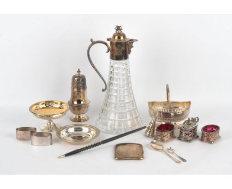 Cut glass and silver mounted commemorative claret jug, three piece cruet set with ruby glass liners, by Walker & Hall, Sheffi