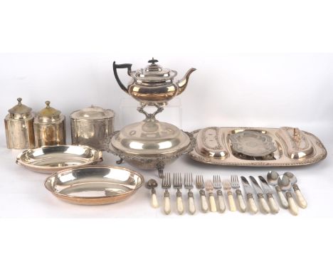 Silver plated item to include a carving dish, entrée dish, pair of tea caddies, and a silver cigarette case