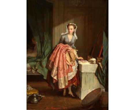Jean-Baptiste Émile Beranger (1814-1883), The Lady's Maid, oil on panel, signed and dated 1873 lower left, 20 x 15cm. Framed.